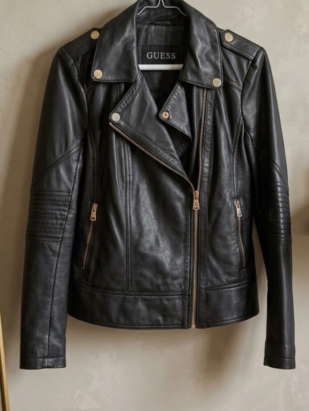 GUESS Black 100% lamb Leather Biker Jacket with Gold Hardware